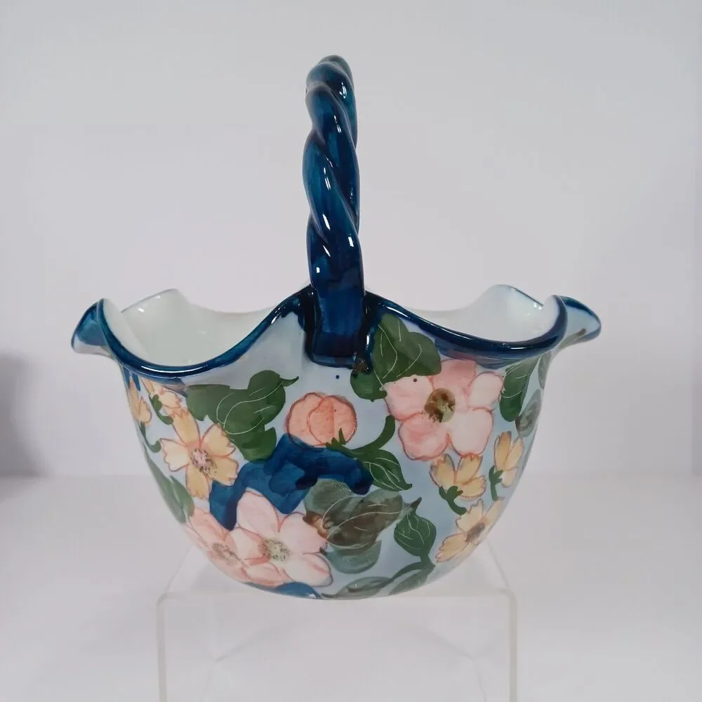 Ruffled Ceramic Basket Handcrafted Blue White Pink Floral Twisted Handle